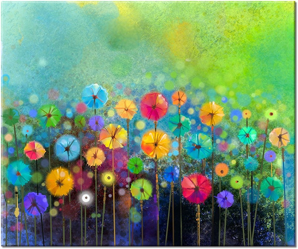 canvas-leinwandbild, abstrakt-fantasie, aquarell, blau, blumen, bunt, gelb, grun, kunst, malereien, orange, rot, stillleben-andere-gemalde, violett