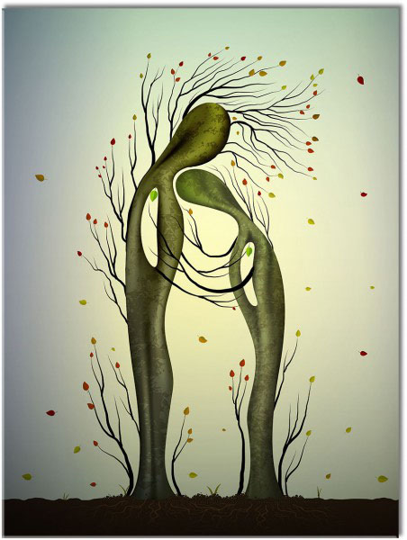 canvas-leinwandbild, abstrakt-fantasie, baeume, beige, grun, kunst, paare, zeitgenoessische-kunst