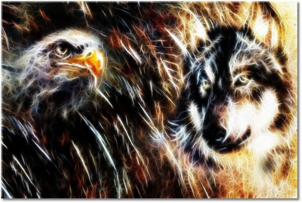 canvas-leinwandbild, abstrakt-fantasie, adler, braun, gelb, kunst, tiere, weiss, wildtiere, woelfe, zeichnung, zeitgenoessische-kunst