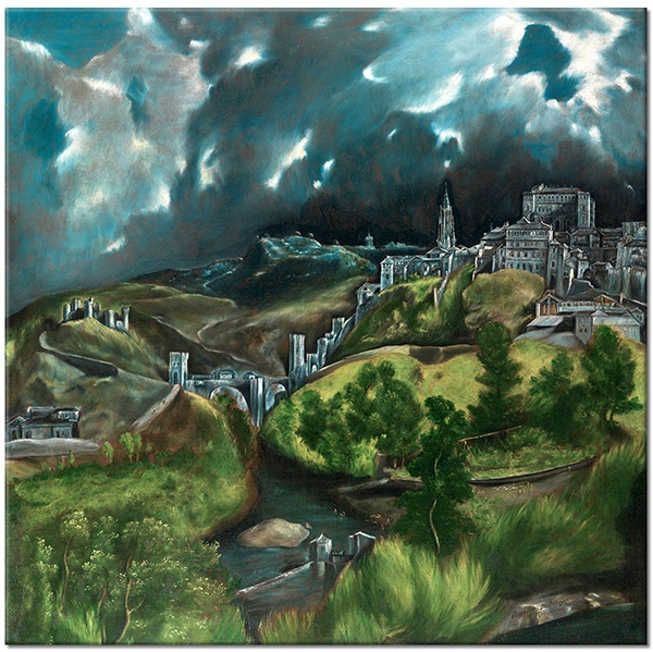canvas-leinwandbild, andere-landschaften, blau, cyan, grau, grun, landschaft, malereien, malereien-landschaften, stadtische-landliche-landschaften