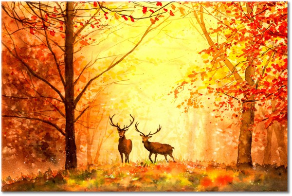 canvas-leinwandbild, beige, braun, gelb, herbst, hirsch-reh, kinder, kunst, malereien, malereien-landschaften, orange, rot, tiere, wildtiere