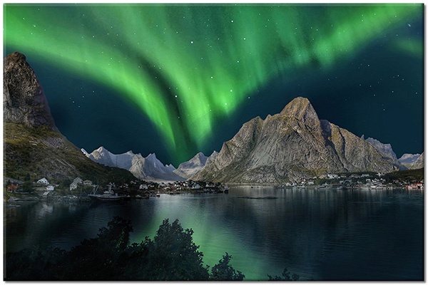 canvas-leinwandbild, astronomie, aurora-borealis, beige, berge, blau, braun, grau, grun, himmel, klippen, landschaft, schnee, seen, sonstiges, sterne, weiss