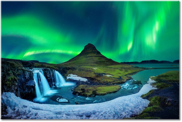 canvas-leinwandbild, astronomie, aurora-borealis, berge, grun, himmel, island, klippen, landschaft, meer, sonstiges, violett, wasserfaelle