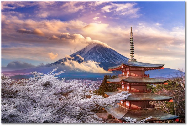 canvas-leinwandbild, beige, berge, blau, braun, grau, himmel, japan, landschaft, orange, tempel, tourismus, violett, weiss, wolken