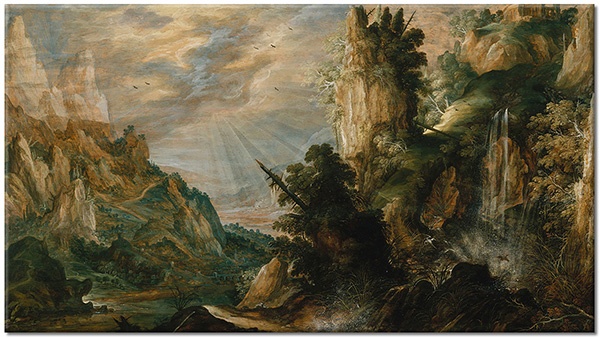canvas-leinwandbild, abstrakt-fantasie, beige, berge, blau, braun, grun, keuninck, klippen, kunst, landschaft, malereien, malereien-landschaften, meer-wasserfalle-seen, wasserfaelle