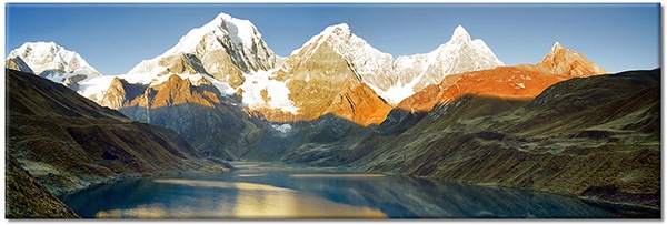 canvas-leinwandbild, beige, berge, blau, braun, grau, landschaft, orange, peru, schnee, seen, weiss