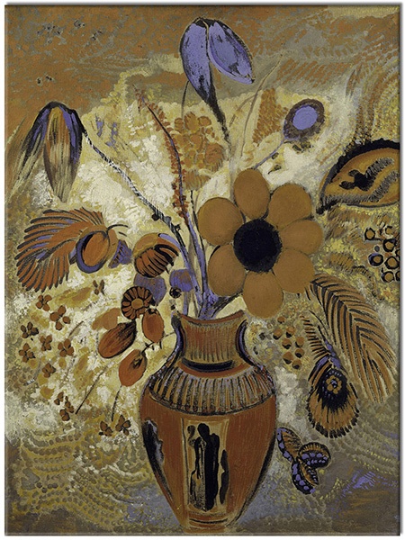 canvas-leinwandbild, beige, bilder-abstrakt, blumen, braun, kunst, malereien, redon, schwarz, stillleben, stillleben-andere-gemalde, vase, violett