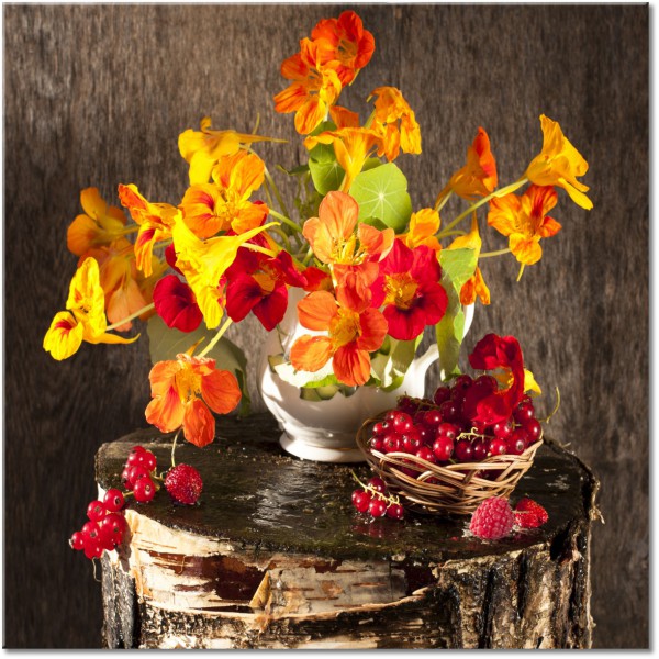 canvas-leinwandbild, blumen, braun, fruchte, gelb, grun, orange, pink, rot, stillleben