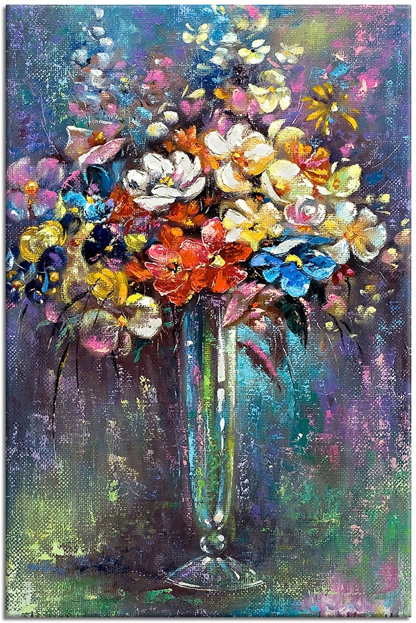 canvas-leinwandbild, beige, blau, blumen, bunt, cyan, gelb, grau, grun, kunst, malereien, orange, pink, rot, stillleben, stillleben-andere-gemalde, vase, violett