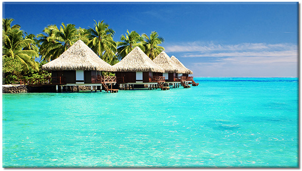canvas-leinwandbild, baeume, beige, blau, cabanas, cyan, grun, landschaft, meer, meer-wasserfalle-seen, palmen, tourismus, wasser