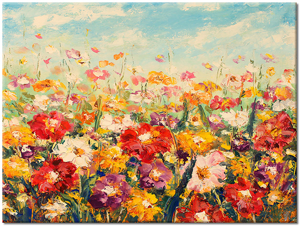 canvas-leinwandbild, blau, blumen, bunt, felder, kunst, malereien, malereien-landschaften, orange, pink, rot