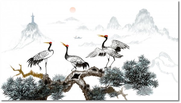 canvas-leinwandbild, china, grau, kraene, kunst, malereien, malereien-landschaften, schwarz, schwarz-weiss, tiere, voegel, vogel-fische-insekten, weiss, zeichnung