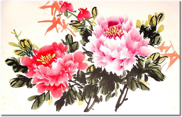canvas-leinwandbild, beige, blumen, china, kunst, malereien, pfingstrosen, pink, rot, schwarz, stillleben-andere-gemalde, weiss, zeichnung