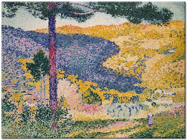 canvas-leinwandbild, baeume, blau, blumen, cross, gelb, grun, kunst, malereien, malereien-landschaften, tannen