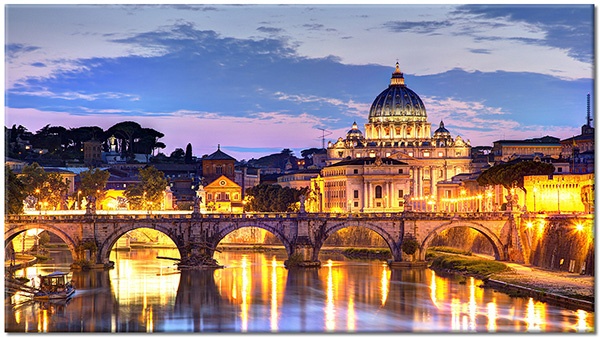 canvas-leinwandbild, beige, braun, bruecken, fluss, gebaeude, gelb, grau, italien, landschaft, orange, rom, schwarz, stadtische-landliche-landschaften, staedte, tourismus, vatikan, violett