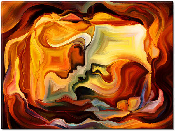 canvas-leinwandbild, abstrakt-fantasie, braun, gelb, kunst, kuss, malereien, orange, paare, stillleben-andere-gemalde