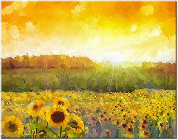canvas-leinwandbild, andere-landschaften, braun, felder, gelb, grun, kunst, landschaft, malereien, malereien-landschaften, orange, sonne, sonnenaufgang, sonnenblume, weiss