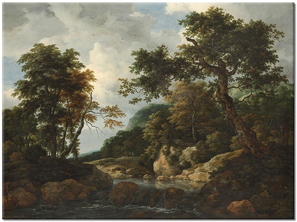 canvas-leinwandbild, baeume, blau, blumen, braun, fluss, grun, kunst, landschaft, malereien, malereien-landschaften, van-ruisdael, waelder, walder, weiss