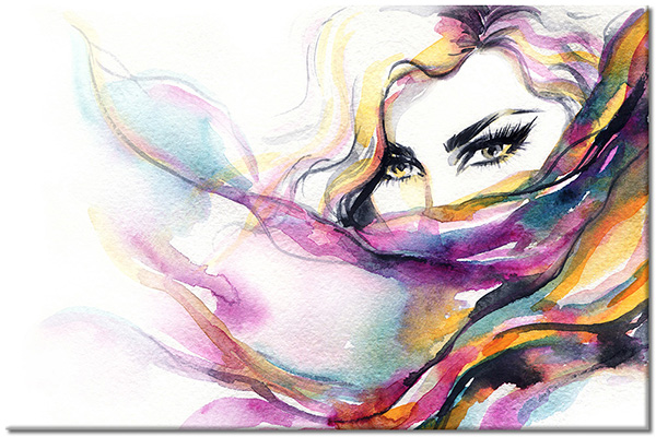 canvas-leinwandbild, aquarell, augen, frauen, gelb, grau, kunst, malereien, malereien-personen-gestalten, portraets, violett, zeichnung