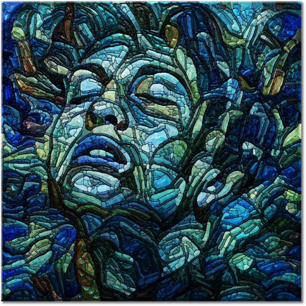 canvas-leinwandbild, abstrakt-fantasie, blau, cyan, grun, kunst, malereien, malereien-personen-gestalten, mythologie, portraets, violett, zeitgenoessische-kunst