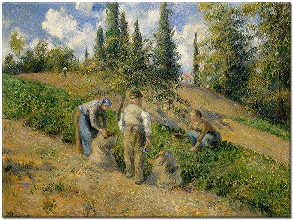 canvas-leinwandbild, andere-landschaften, baeume, beige, blau, felder, grun, huegel, kunst, landschaft, malereien, malereien-landschaften, pissarro