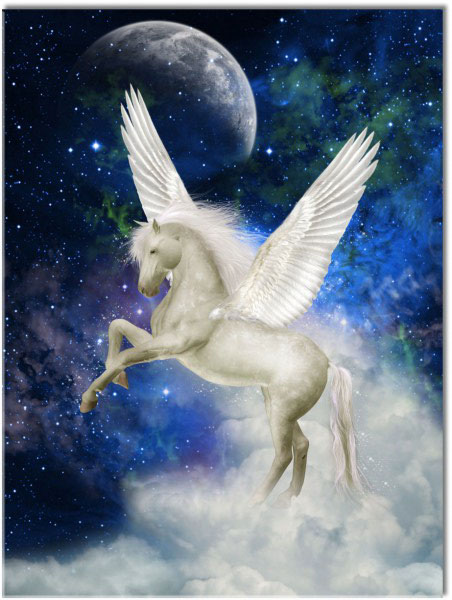 canvas-leinwandbild, abstrakt-fantasie, beige, blau, grau, kinder, mond, mythologie, pegasus, schwarz, weiss, wolken