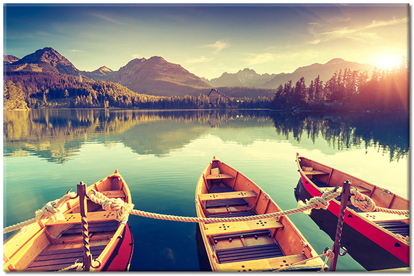 canvas-leinwandbild, beige, berge, boote-schiffe, braun, grun, landschaft, meer-wasserfalle-seen, seen, sonnenaufgang, waelder