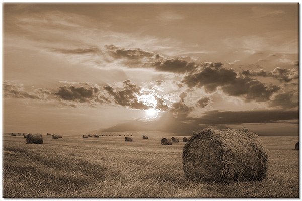 canvas-leinwandbild, andere-landschaften, beige, blau, braun, felder, gelb, grau, herbst, heu, himmel, landschaft, orange, sonne, sonnenaufgang, sonnenuntergang, wolken