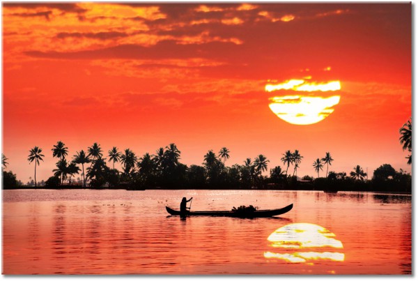 canvas-leinwandbild, boote-schiffe, fischen, gelb, himmel, landschaft, meer, meer-wasserfalle-seen, orange, palmen, schwarz, silhouetten, sonnenuntergang, spiegelung, wolken