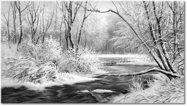 canvas-leinwandbild, baeume, beige, braun, fluss, grau, kunst, landschaft, malereien, malereien-landschaften, meer-wasserfalle-seen, schnee, schwarz, schwarz-weiss, waelder, walder, weiss, winter