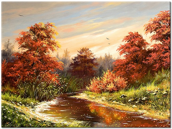 canvas-leinwandbild, baeume, beige, braun, fluss, grau, grun, herbst, kunst, landschaft, malereien, malereien-landschaften, orange, waelder, walder