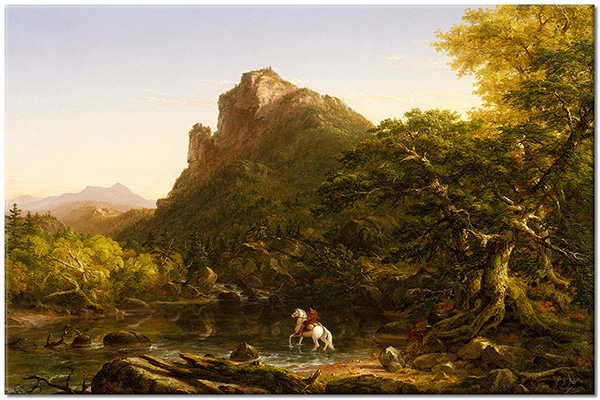 canvas-leinwandbild, baeume, beige, berge, blau, braun, cole, fluss, grun, kunst, landschaft, malereien, malereien-landschaften