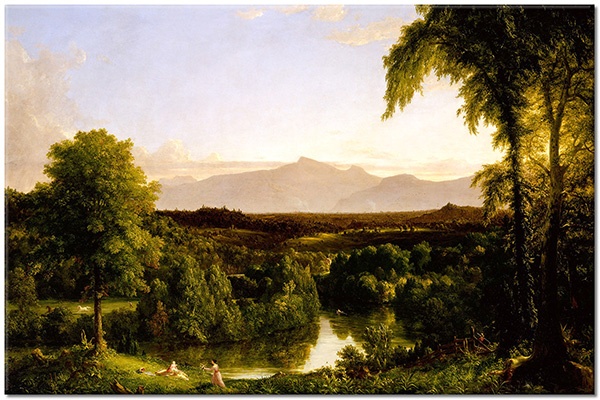 canvas-leinwandbild, andere-landschaften, baeume, blau, braun, cole, fluss, gebaeude, grun, herbst, kunst, landschaft, malereien, malereien-landschaften
