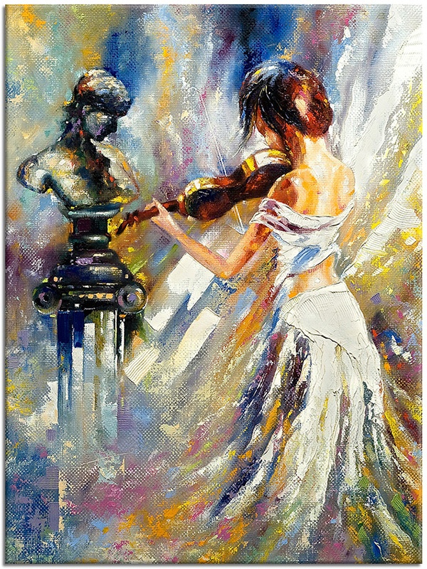canvas-leinwandbild, beige, blau, frauen, geigen, kleider, kunst, malereien, malereien-personen-gestalten, musik, orange, schwarz, statue, violett, weiss