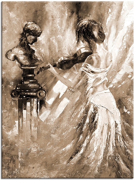canvas-leinwandbild, beige, blau, frauen, geigen, kleider, kunst, malereien, malereien-personen-gestalten, musik, orange, schwarz, statue, violett, weiss