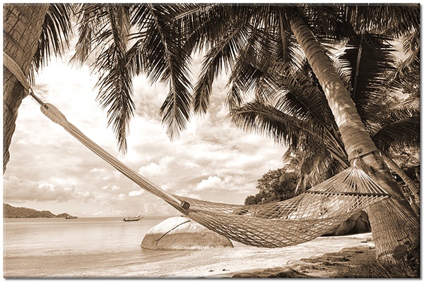 canvas-leinwandbild, baeume, beige, blau, grau, grun, haengematte, himmel, landschaft, meer, meer-wasserfalle-seen, palmen, strand, tourismus, weiss, wolken