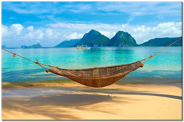 canvas-leinwandbild, beige, blau, braun, cyan, grau, grun, haengematte, himmel, inseln, landschaft, meer, meer-wasserfalle-seen, sand, sommer, strand, weiss, wolken