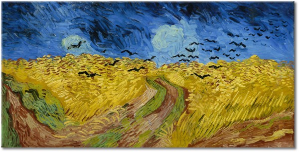 canvas-leinwandbild, blau, braun, felder, gelb, kunst, malereien, malereien-landschaften, schwarz, van-gogh, weizen