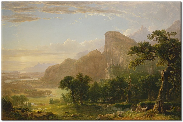 canvas-leinwandbild, baeume, beige, berge, blau, brown-durand, grun, himmel, klippen, kunst, landschaft, malereien, malereien-landschaften, walder