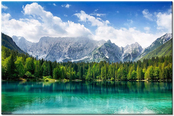 canvas-leinwandbild, baeume, berge, blau, cyan, fluss, grau, grun, himmel, landschaft, seen, spiegelung, waelder, walder, weiss, wolken
