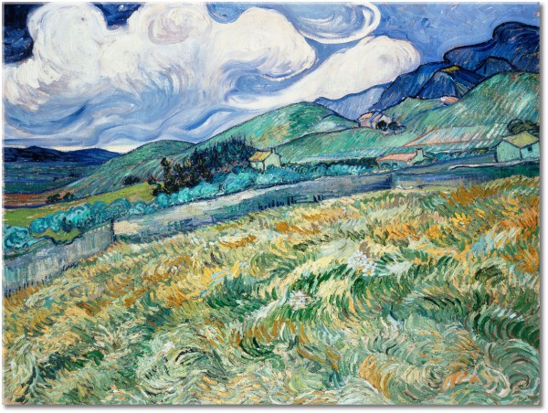 canvas-leinwandbild, beige, berge, blau, braun, cyan, grau, grun, himmel, kunst, landschaft, malereien, malereien-landschaften, orange, van-gogh, weiss, wolken