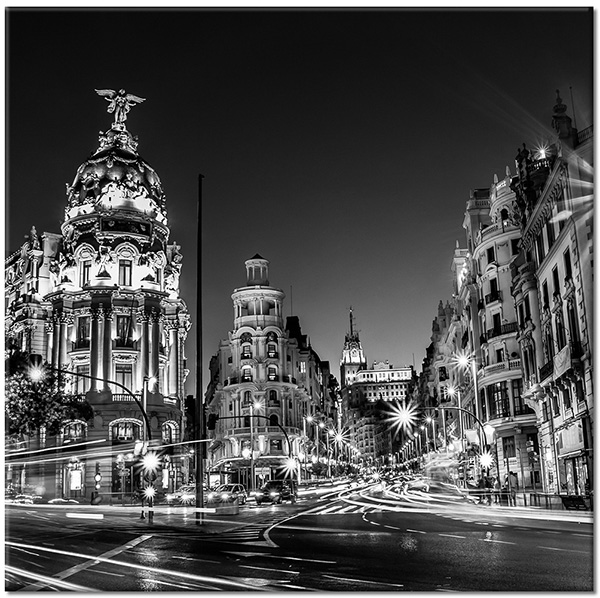 canvas-leinwandbild, grau, landschaft, madrid, nacht, schwarz, schwarz-weiss, spanien, stadtische-landliche-landschaften, staedte, strasse, weiss