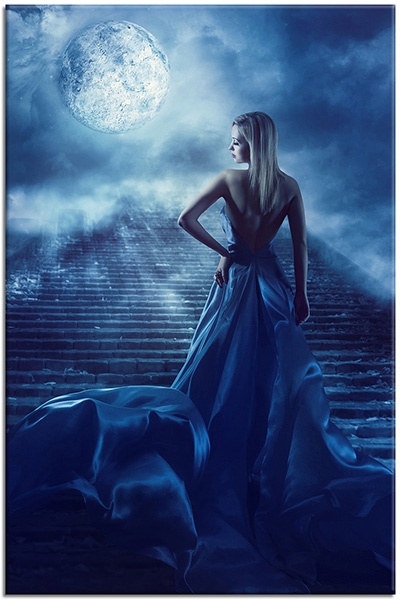 canvas-leinwandbild, abstrakt-fantasie, beige, blau, frauen, kleider, mode, mond, rauch, silhouetten, weiss