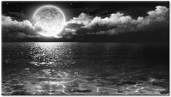 canvas-leinwandbild, abstrakt-fantasie, blau, cyan, himmel, landschaft, meer, meer-wasserfalle-seen, mond, nacht, schwarz, wasser, weiss, wolken