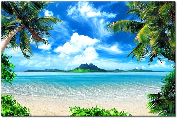 canvas-leinwandbild, beige, blau, braun, cyan, grun, himmel, inseln, landschaft, meer, meer-wasserfalle-seen, palmen, schwarz, sommer, strand, weiss, wolken