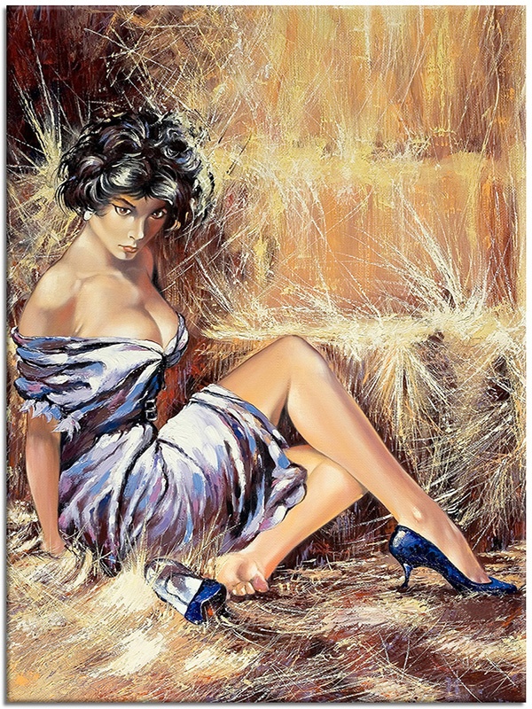 canvas-leinwandbild, beige, braun, frauen, heu, kleider, kunst, malereien, malereien-personen-gestalten, schwarz, sexy, sonstiges, violett, weiss