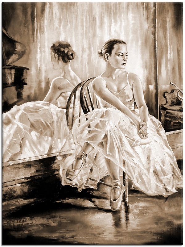 canvas-leinwandbild, beige, braun, frauen, kunst, malereien, malereien-personen-gestalten, schwarz, spiegelung, tanz, violett, weiss