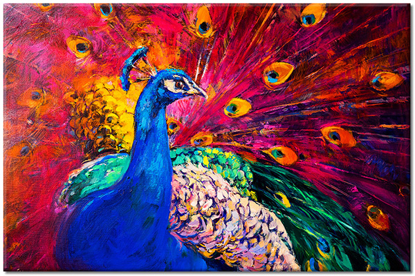 canvas-leinwandbild, bunt, gelb, grun, kunst, malereien, orange, pfau, pink, rot, stillleben-andere-gemalde, tiere, violett, voegel, vogel-fische-insekten