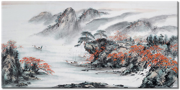 canvas-leinwandbild, baeume, boote-schiffe, china, fluss, grau, klippen, kunst, malereien, malereien-landschaften, rot, weiss, zeichnung