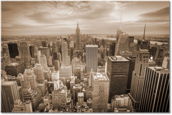 canvas-leinwandbild, braun, finanzen, gebaeude, himmel, landschaft, new-york, orange, sepia, sonnenuntergang, stadtische-landliche-landschaften, staedte, tourismus, vereinigte-staaten-amerika, wolken